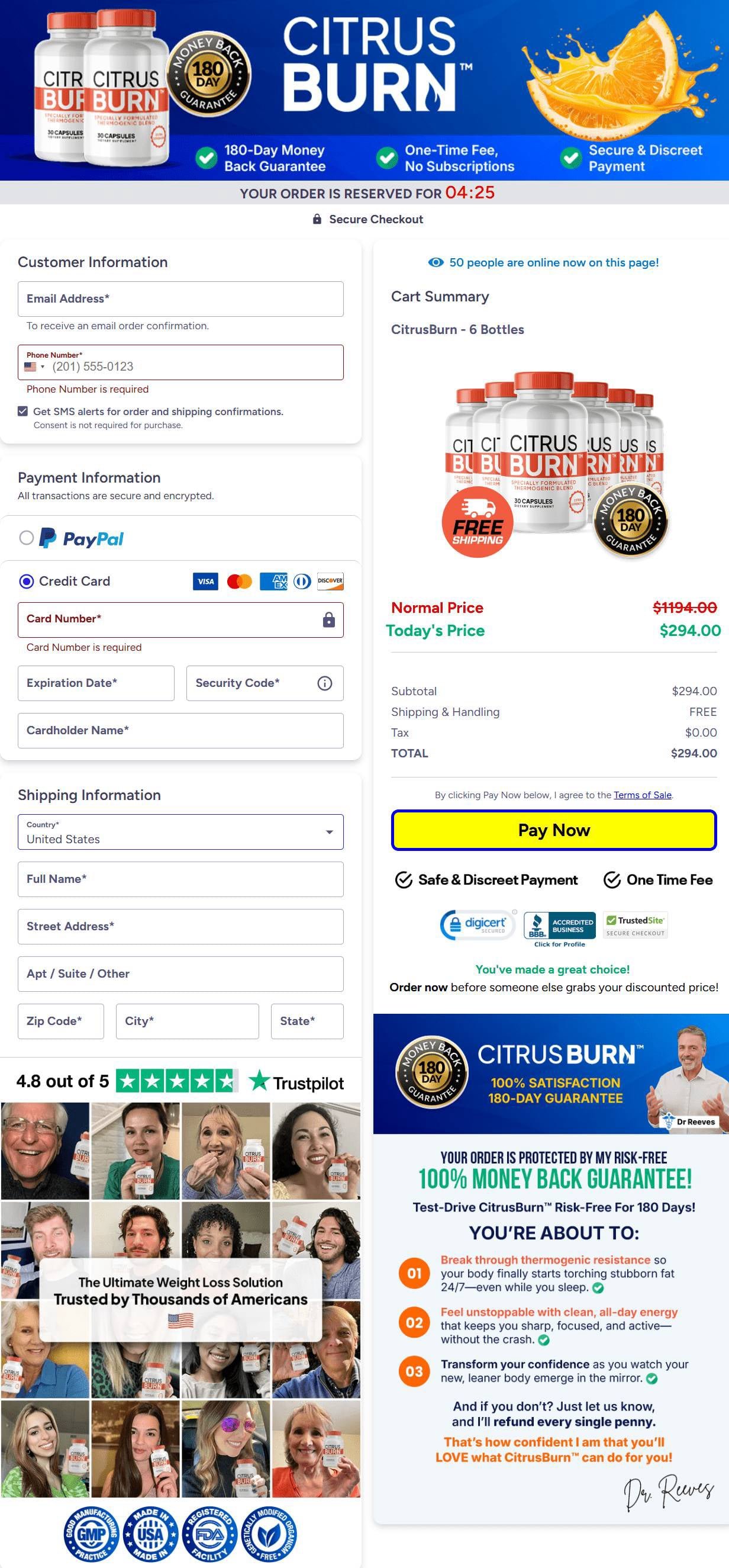 Secure Citrus Burn checkout form with payment, shipping, and 180-day money-back guarantee for weight loss supplements.