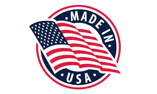 Official Made in USA badge with waving American flag, certifying product manufacturing origin.