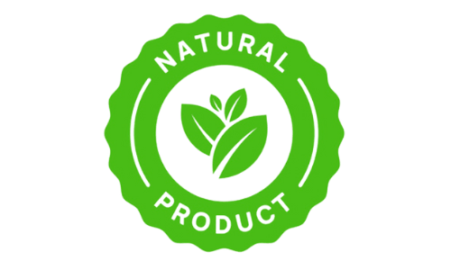 Green circular Natural Product seal with leaf icon, certifying 100% organic and botanical ingredients.